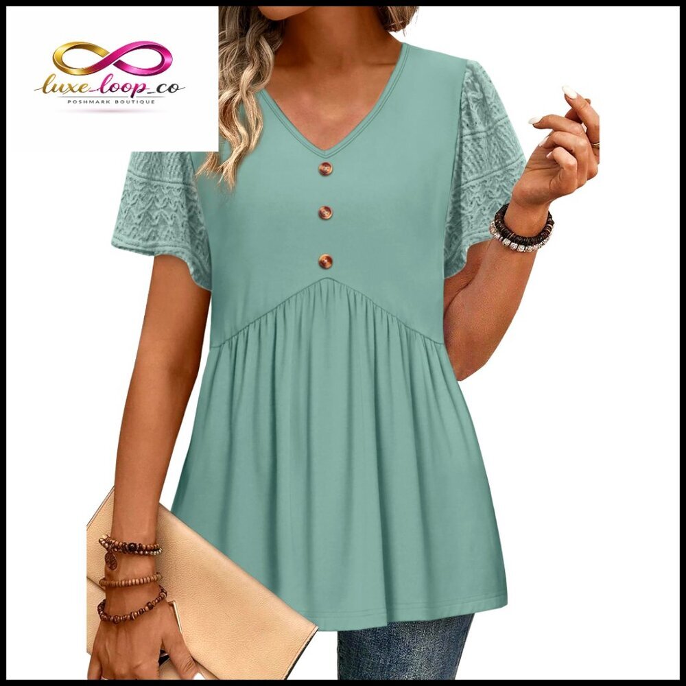Babydoll Peplum Top Lace Sleeve V-Neck Tunic Loose Fit Summer Blouse
